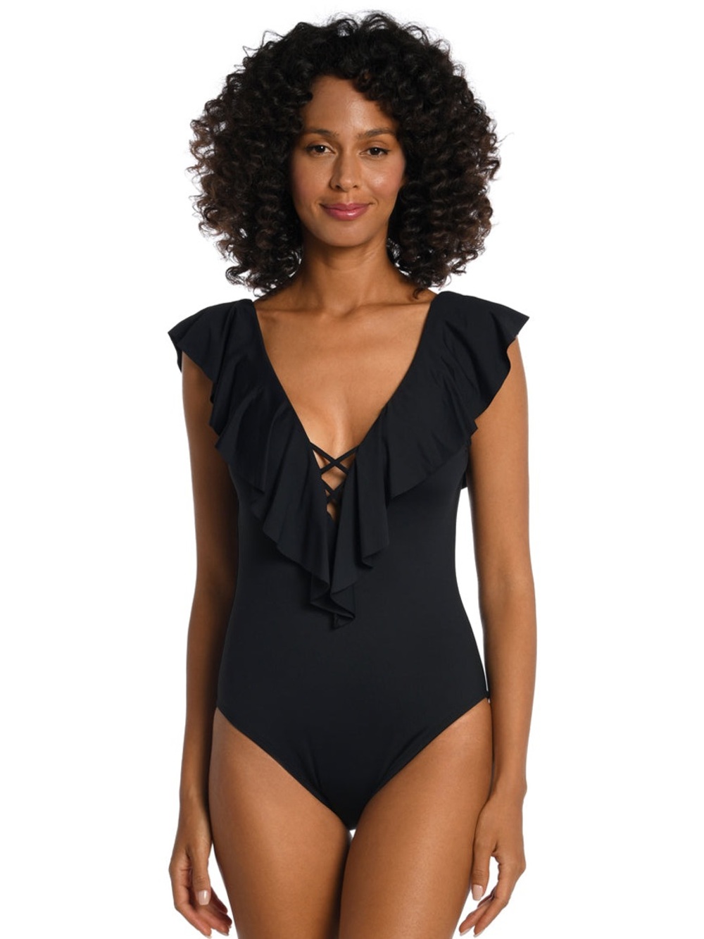 La Blanca Island Goddess Ruffle Plunge One Piece Swimsuit Size 8 Nwot